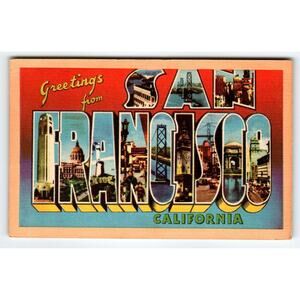 Greetings From San Francisco California 1940's Large Letter Linen Postcard